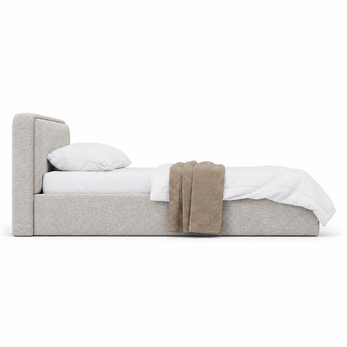 Lanott LB106 bed in Tender-1 — side view on white background, refined small-scale fabric texture