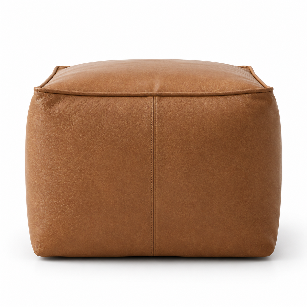 Lanott P103 pouf in Cognac Leather, front view on white background with refined leather grain