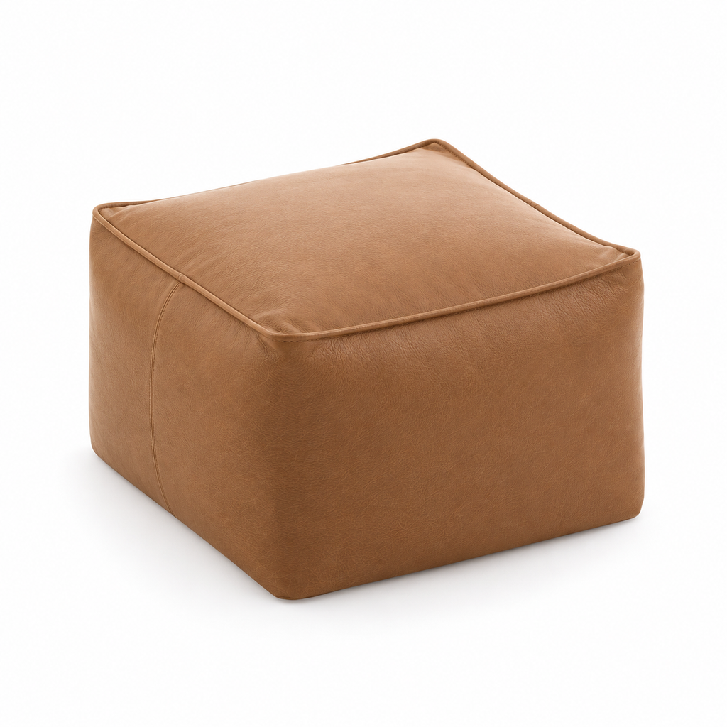 Lanott P103 pouf in Cognac Leather, main angled view on white background with refined leather grain