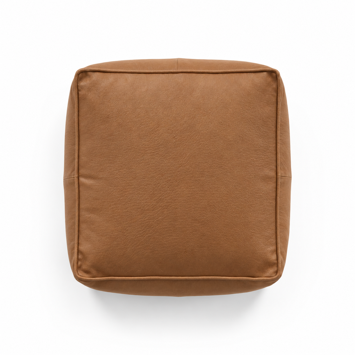 Lanott P103 pouf in Cognac Leather, overhead top view on white background with refined leather grain