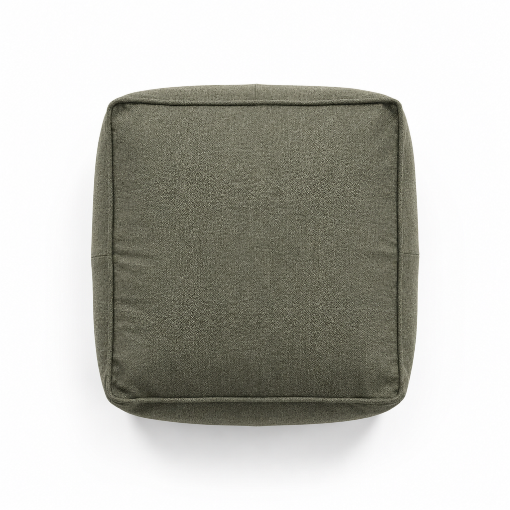 Lanott P103 pouf in MD-8, overhead top view on white background with refined fabric texture