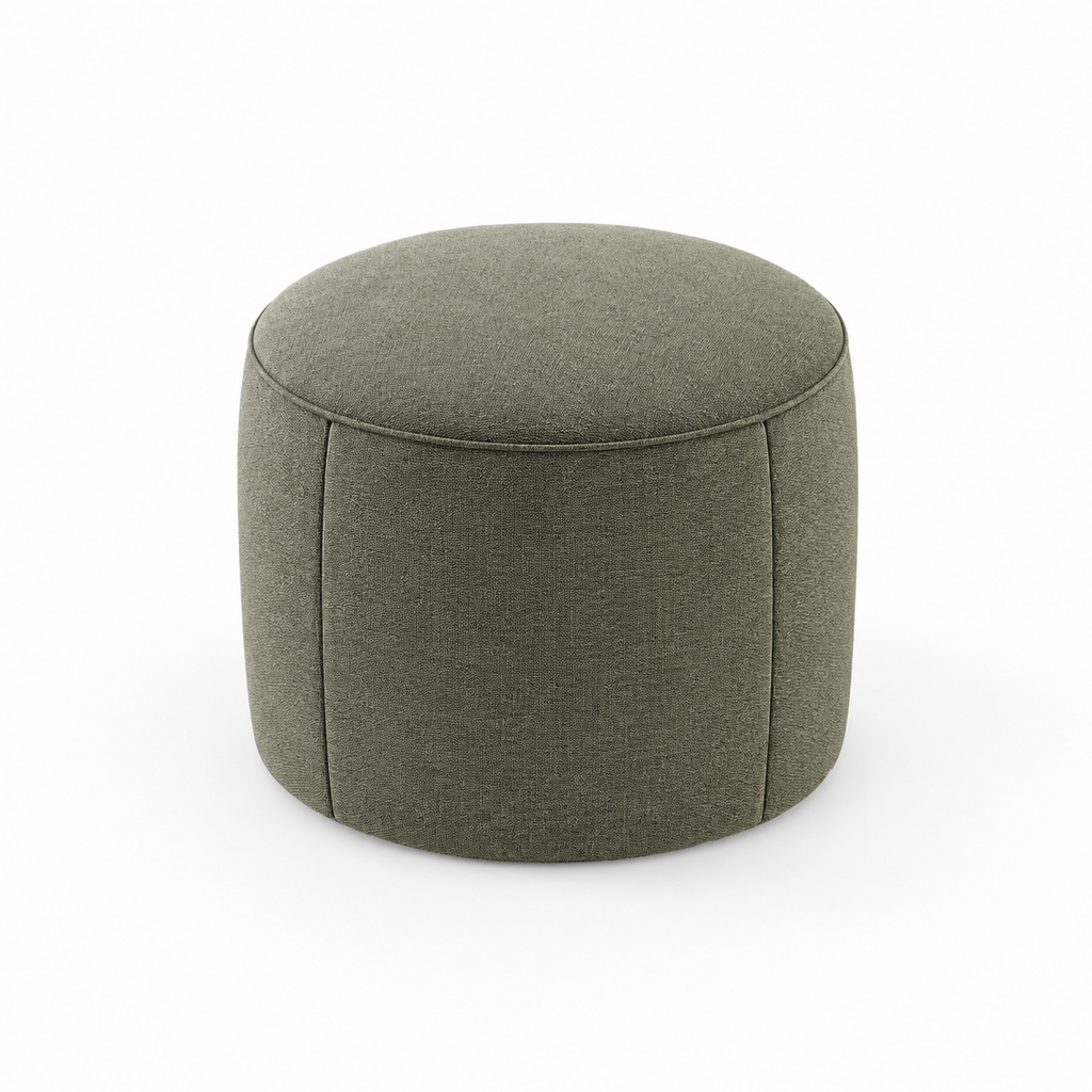 Lanott P104 pouf in MD-8, main angled view on white background with refined fabric texture
