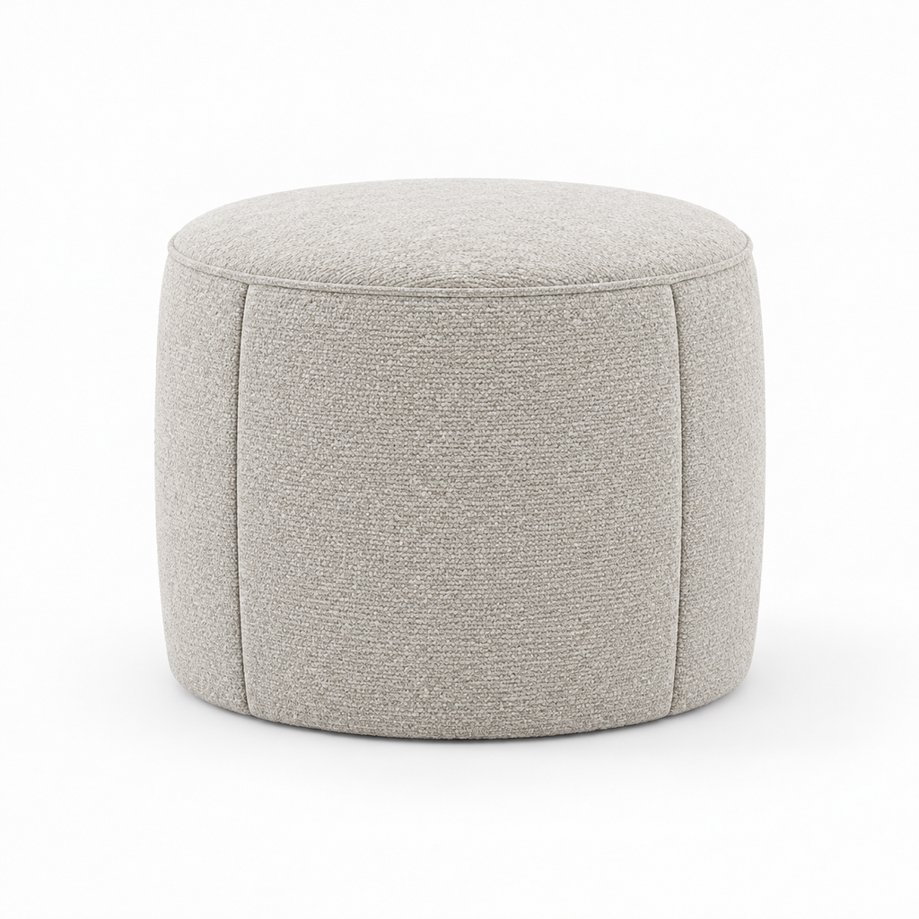 Lanott P104 pouf in Tender-1, front view on white background with refined fabric texture
