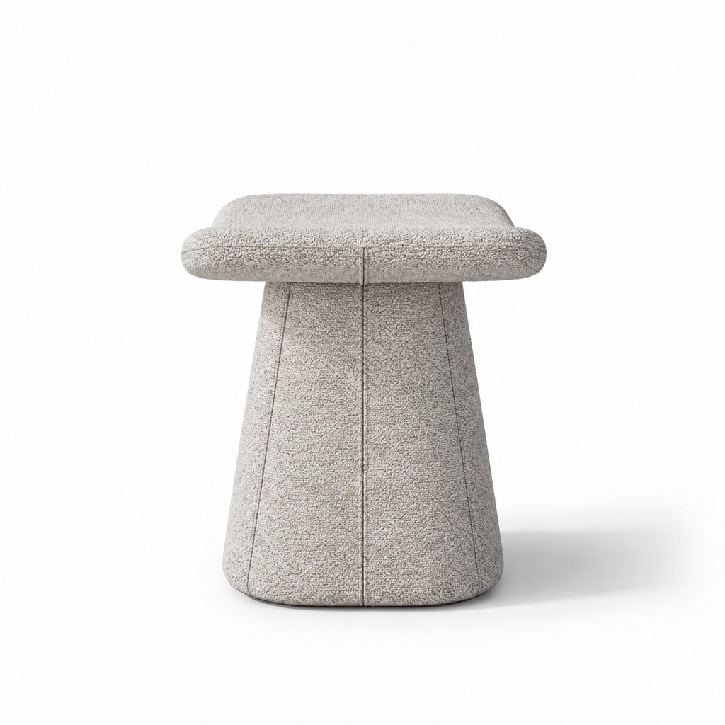 Lanott P106 pouf in Tender-1, side view on white background with refined fabric texture