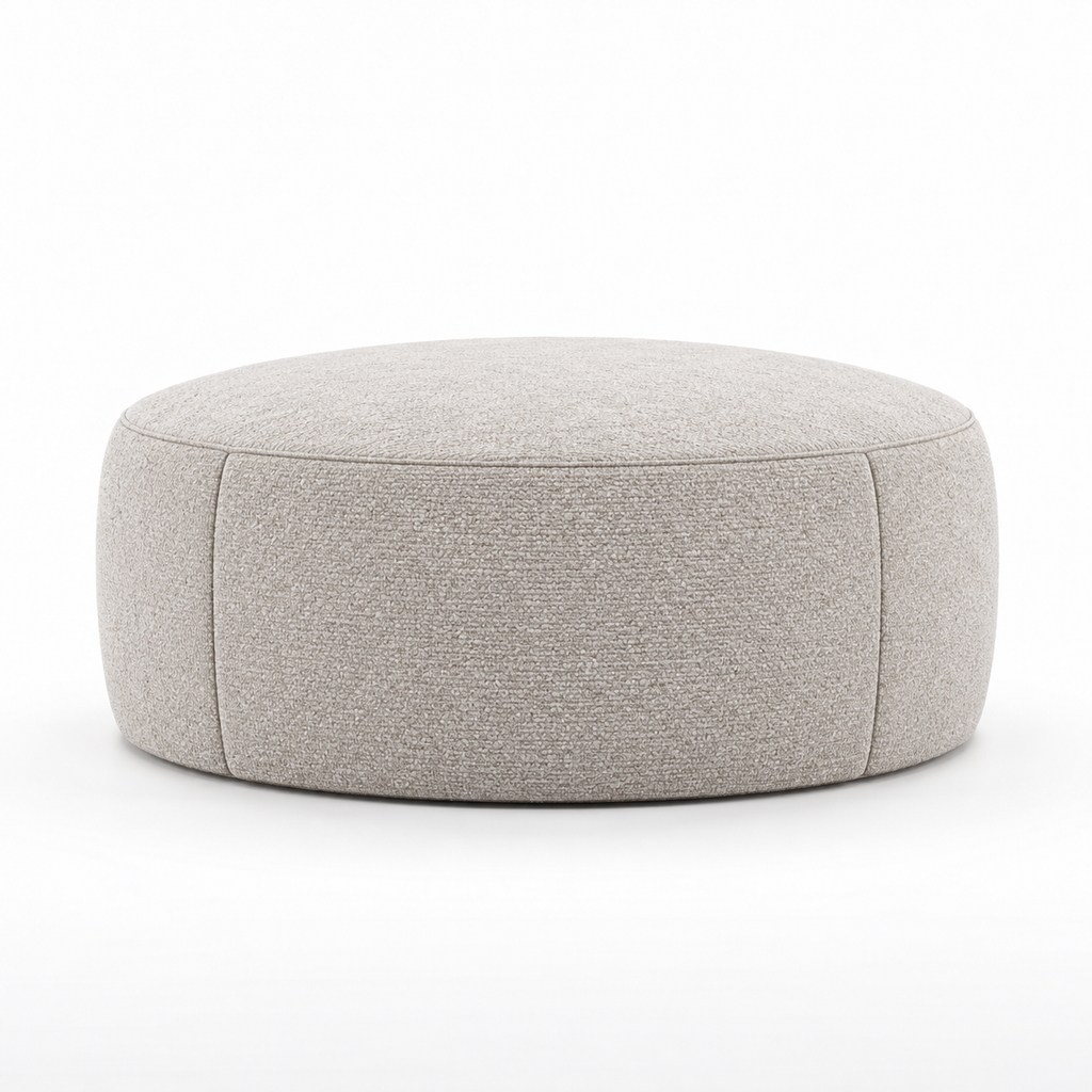 Lanott P109 pouf in Tender-1, front view on white background with refined fabric texture