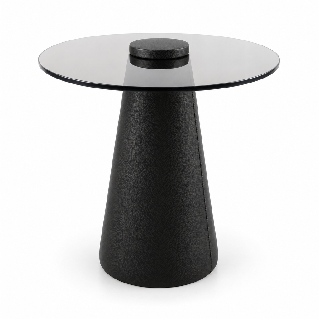 Lanott ST103 side table in Black Leather, front view on white background, fine leather grain