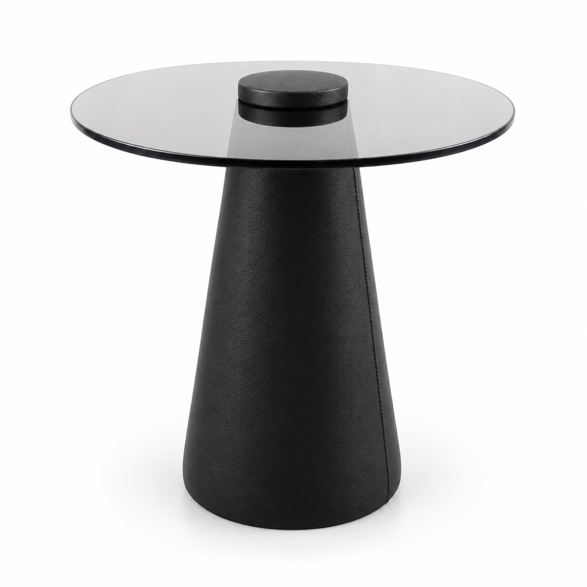 Lanott ST103 side table in Black Leather, front view on white background, fine leather grain