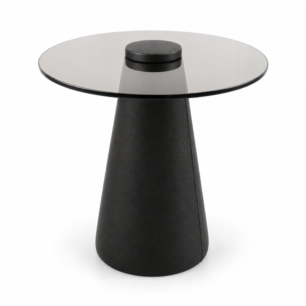 Lanott ST103 side table in Black Leather, three-quarter main view on white background, fine leather grain