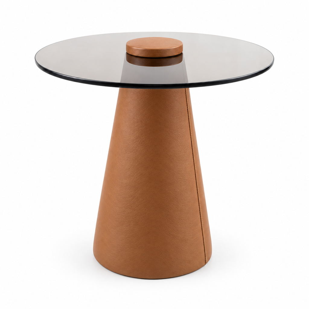 Lanott ST103 side table in Cognac Leather, front view on white background, fine leather grain