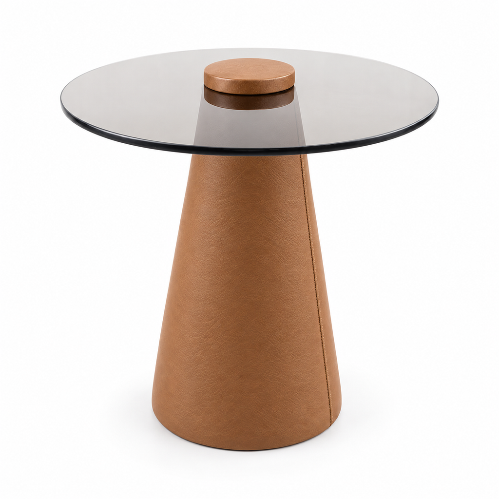 Lanott ST103 side table in Cognac Leather, three-quarter main view on white background, fine leather grain