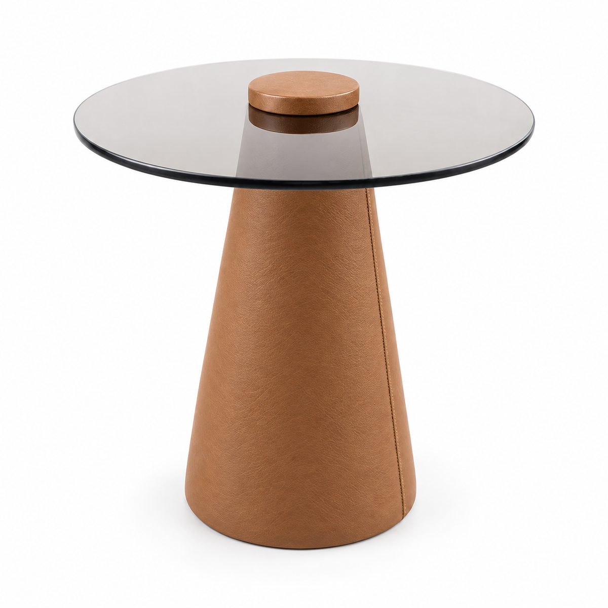 Lanott ST103 side table in Cognac Leather, three-quarter main view on white background, fine leather grain