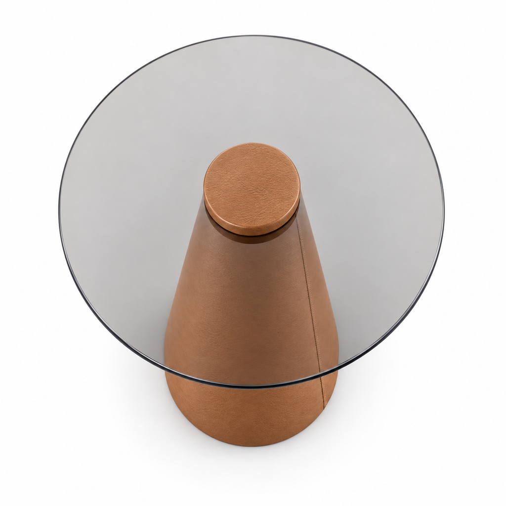 Lanott ST103 side table in Cognac Leather, high-angle top view on white background, fine leather grain