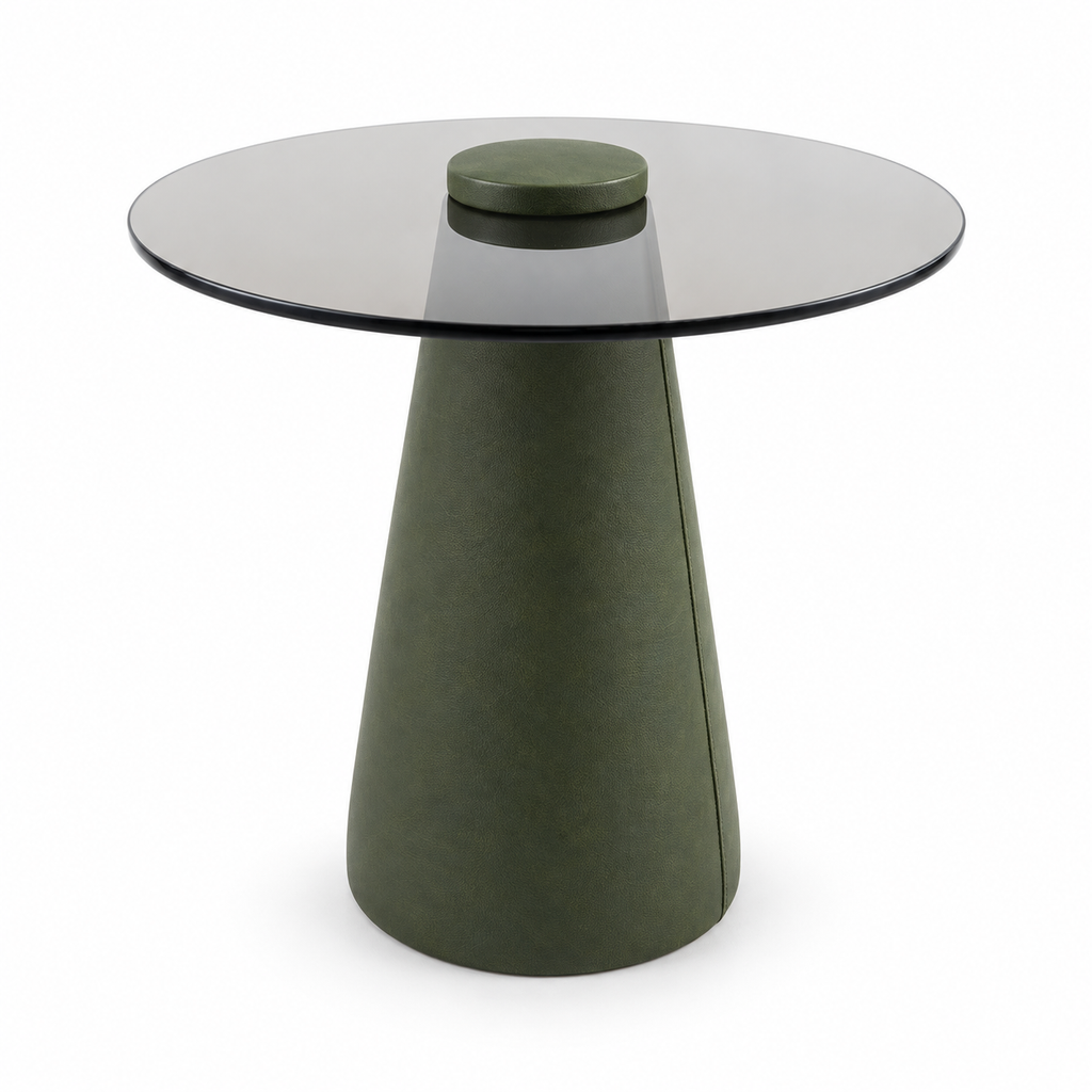 Lanott ST103 side table in Olive Leather, three-quarter main view on white background, fine leather grain