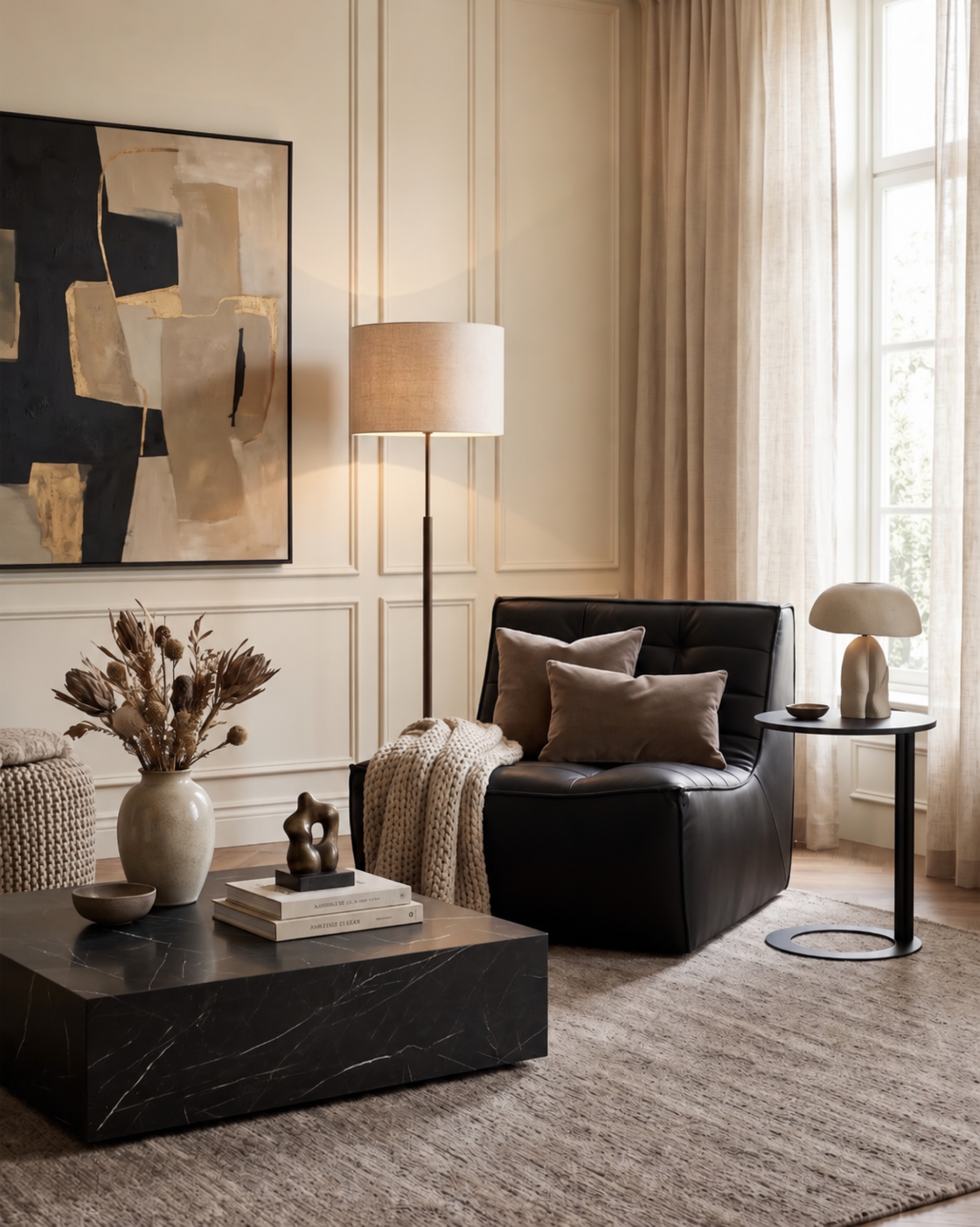 Lanott ST124 side table in Black Leather, lifestyle scene beside a black armchair