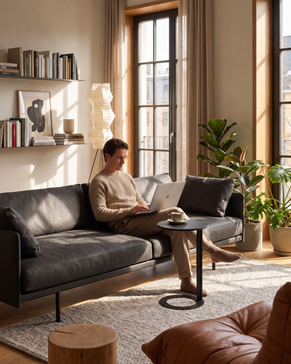 Lanott ST124 side table in Black Leather, lifestyle scene holding a coffee beside a sofa
