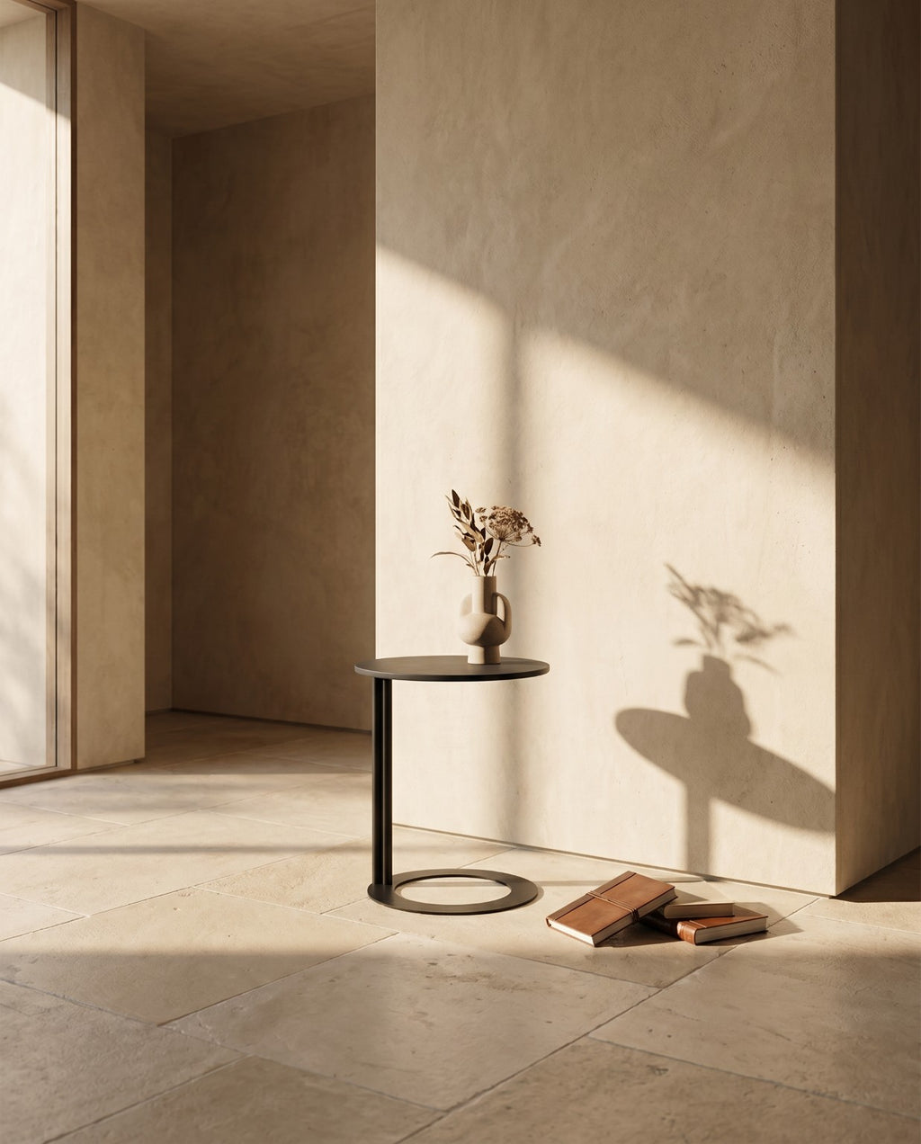 Lanott ST124 side table in Black Leather, lifestyle scene with a ceramic vase in a sunlit room