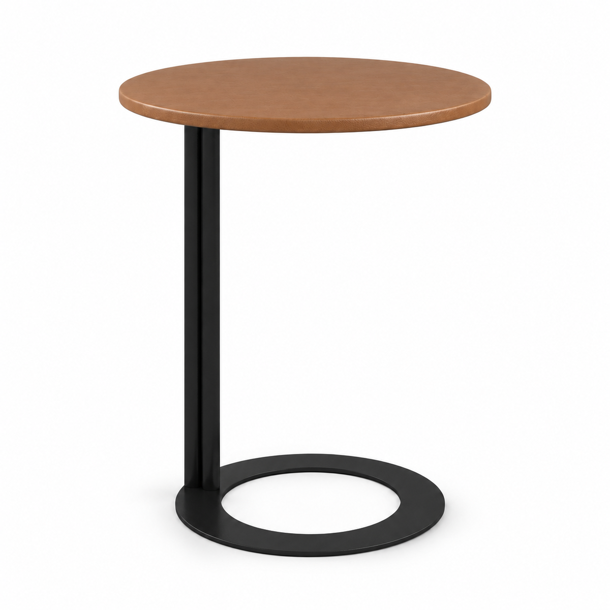 Lanott ST124 side table in Cognac Leather, front view on white background, fine leather grain