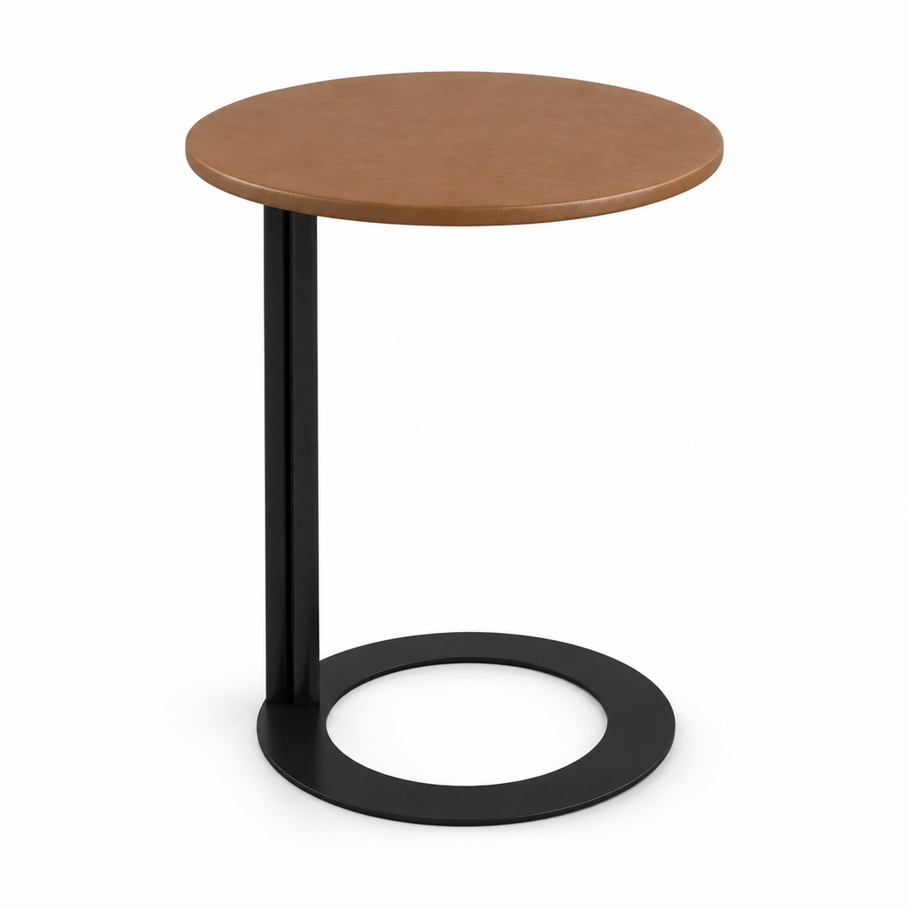 Lanott ST124 side table in Cognac Leather, three-quarter main view on white background, fine leather grain