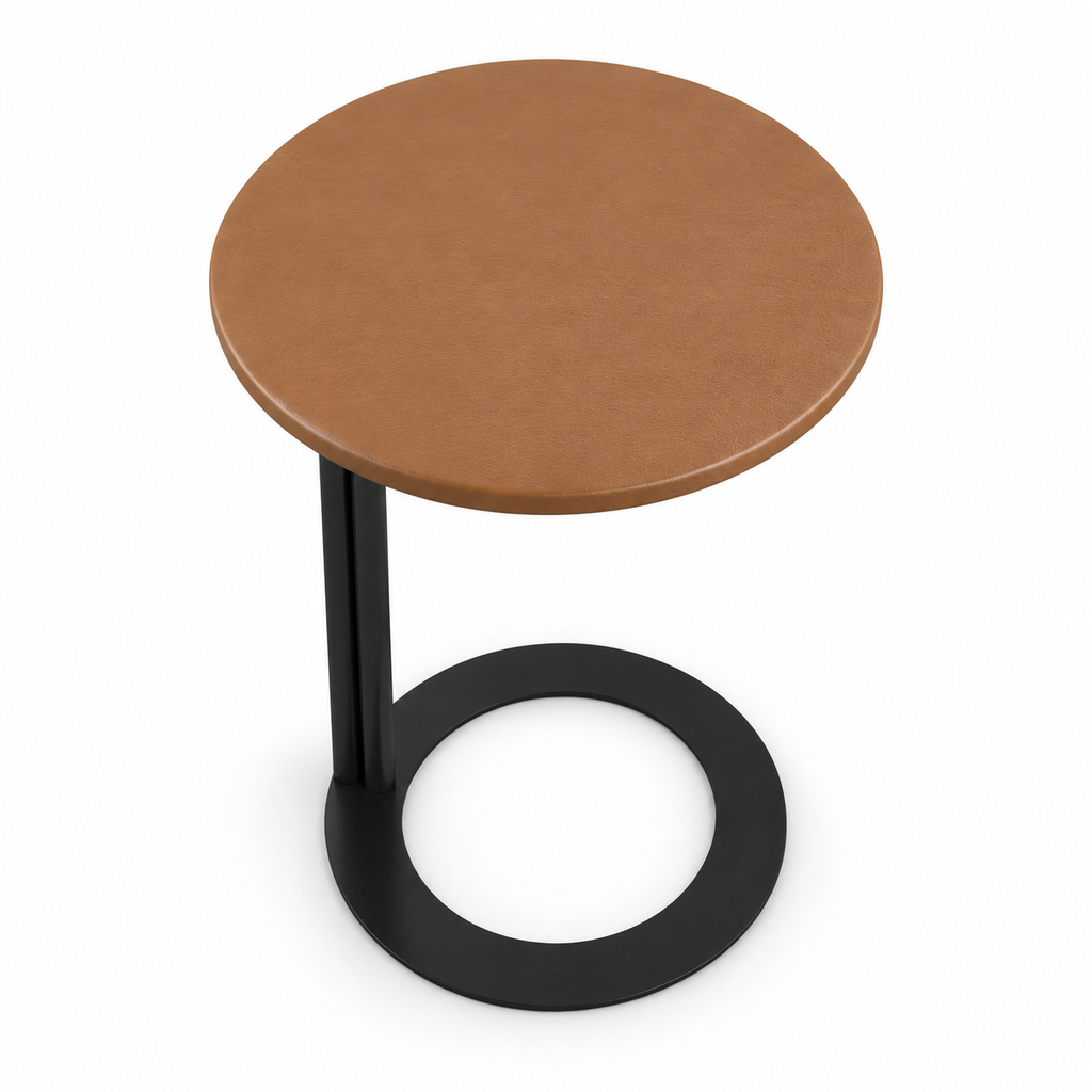 Lanott ST124 side table in Cognac Leather, high-angle top view on white background, fine leather grain