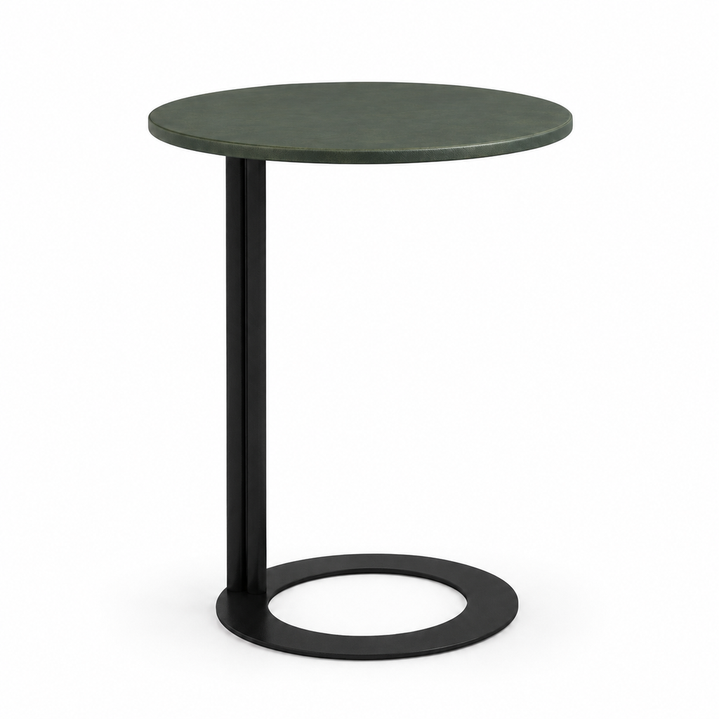 Lanott ST124 side table in Olive Leather, front view on white background, fine leather grain