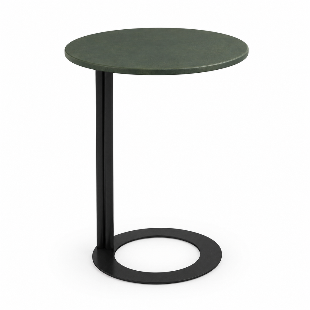 Lanott ST124 side table in Olive Leather, three-quarter main view on white background, fine leather grain