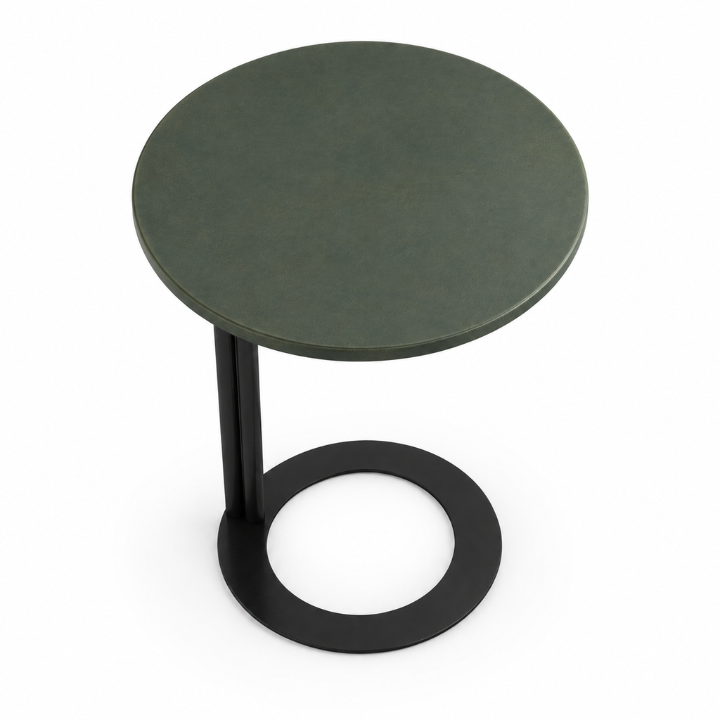 Lanott ST124 side table in Olive Leather, high-angle top view on white background, fine leather grain