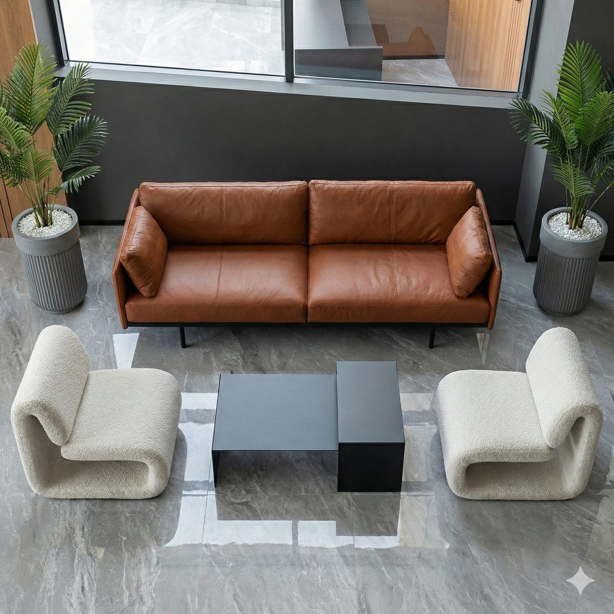 Lanott leather sofa and sculptural chairs at MODAD