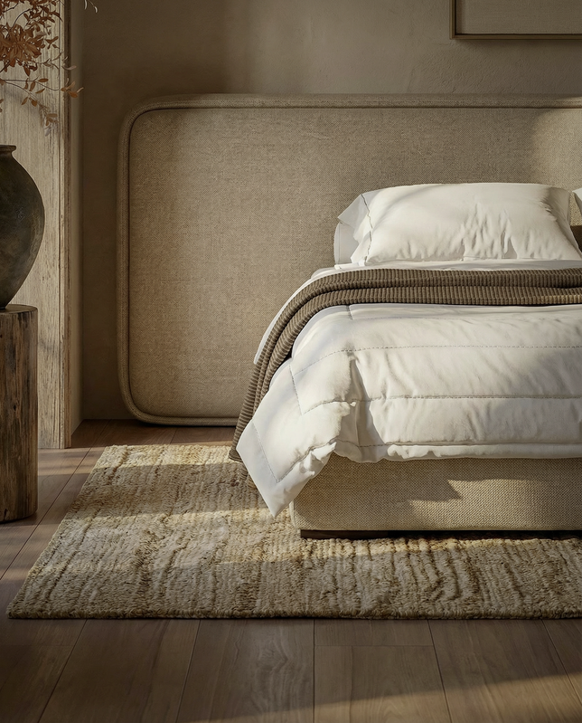 Lanott upholstered bed and linen detail